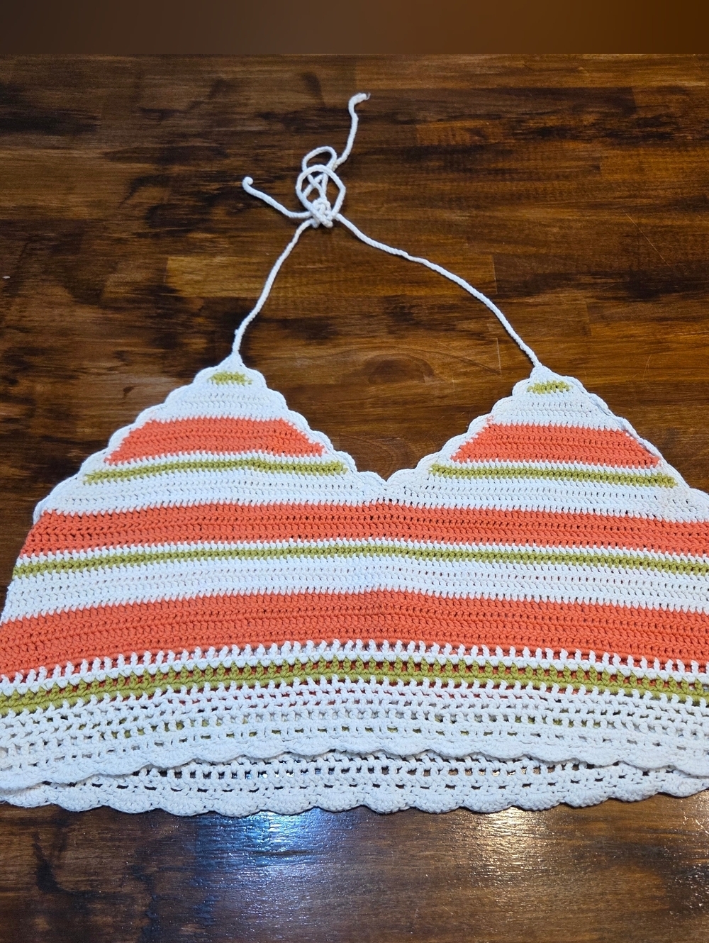 aerie Crocheted Striped Halter Top in Coral, Olive, and White